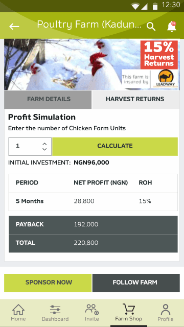 Farmcrowdy Harvest Returns calculator screen