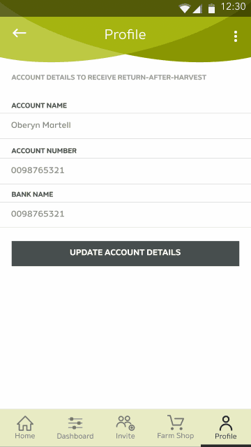 Farmcrowdy Return After Harvest account setup screen