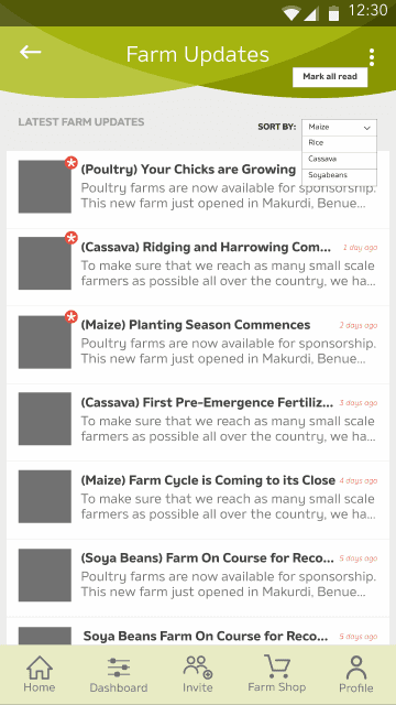 Farmcrowdy farm updates list screen