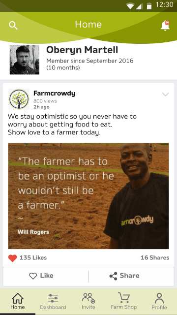 Farmcrowdy social home feed screen