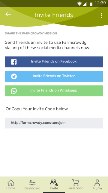 Farmcrowdy invitation and sharing screen